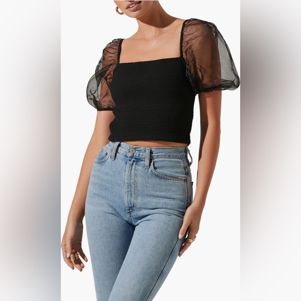 ASTR The Label Black Sheer Puff Sleeve Crop Top